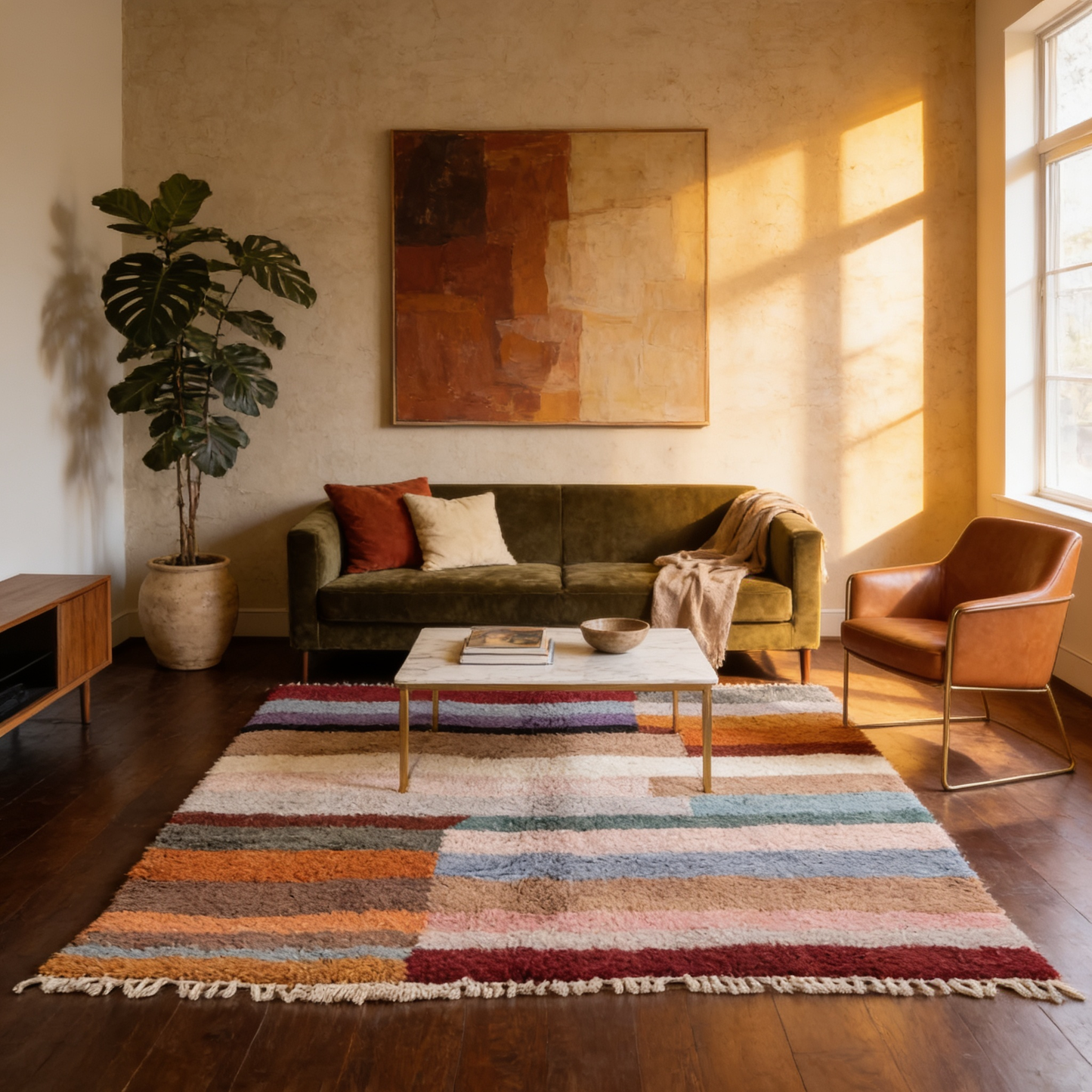 Tapis Berbère Beni Ouarain shaggy multicolore en situation dans un salon moderne