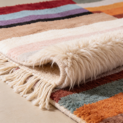 Tapis Berbère Beni Ouarain shaggy multicolore - gros plan sur l'épaisseur du poil