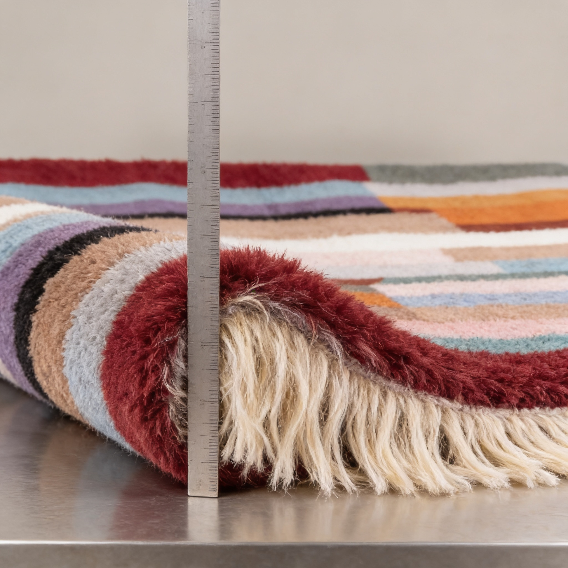 Tapis Berbère Beni Ouarain shaggy multicolore - mesure de l'épaisseur avec une règle graduée