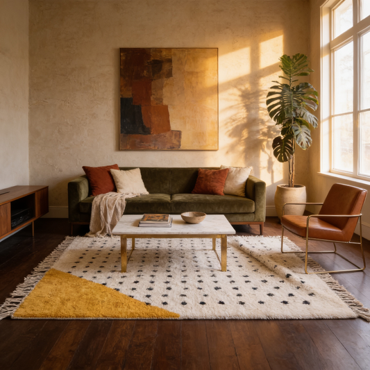 Tapis Berbère Beni Ouarain shaggy noir et blanc en situation dans un salon moderne