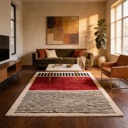 Tapis Berbère Beni Ouarain shaggy rouge bordeaux en situation dans un salon moderne