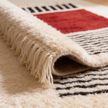 Tapis Berbère Beni Ouarain rouge bordeaux - gros plan sur l'épaisseur du poil