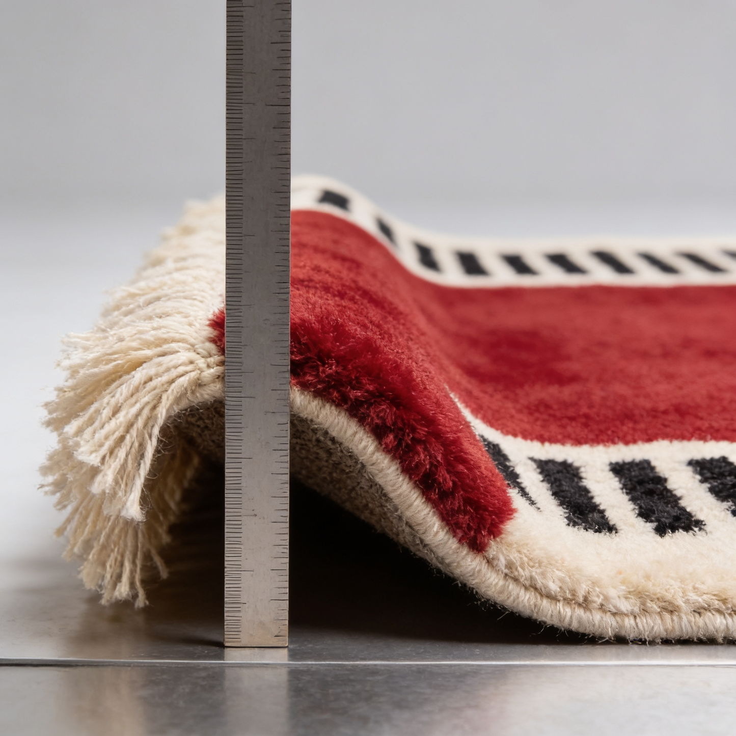 Tapis Berbère Beni Ouarain rouge bordeaux - mesure de l'épaisseur avec une règle graduée