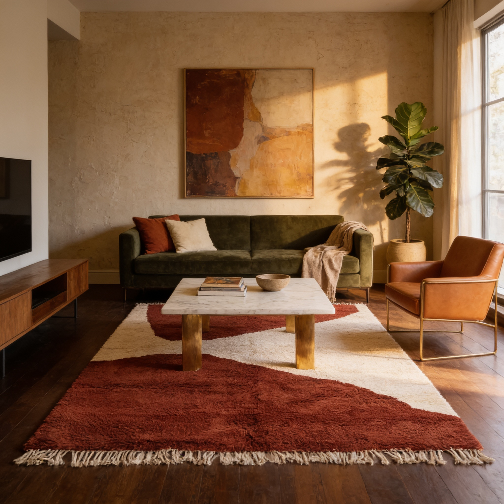 Tapis Berbère Beni Ouarain shaggy rouge intense en situation dans un salon moderne