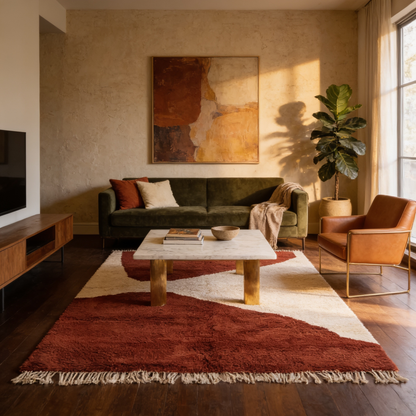 Tapis Berbère Beni Ouarain shaggy rouge intense en situation dans un salon moderne