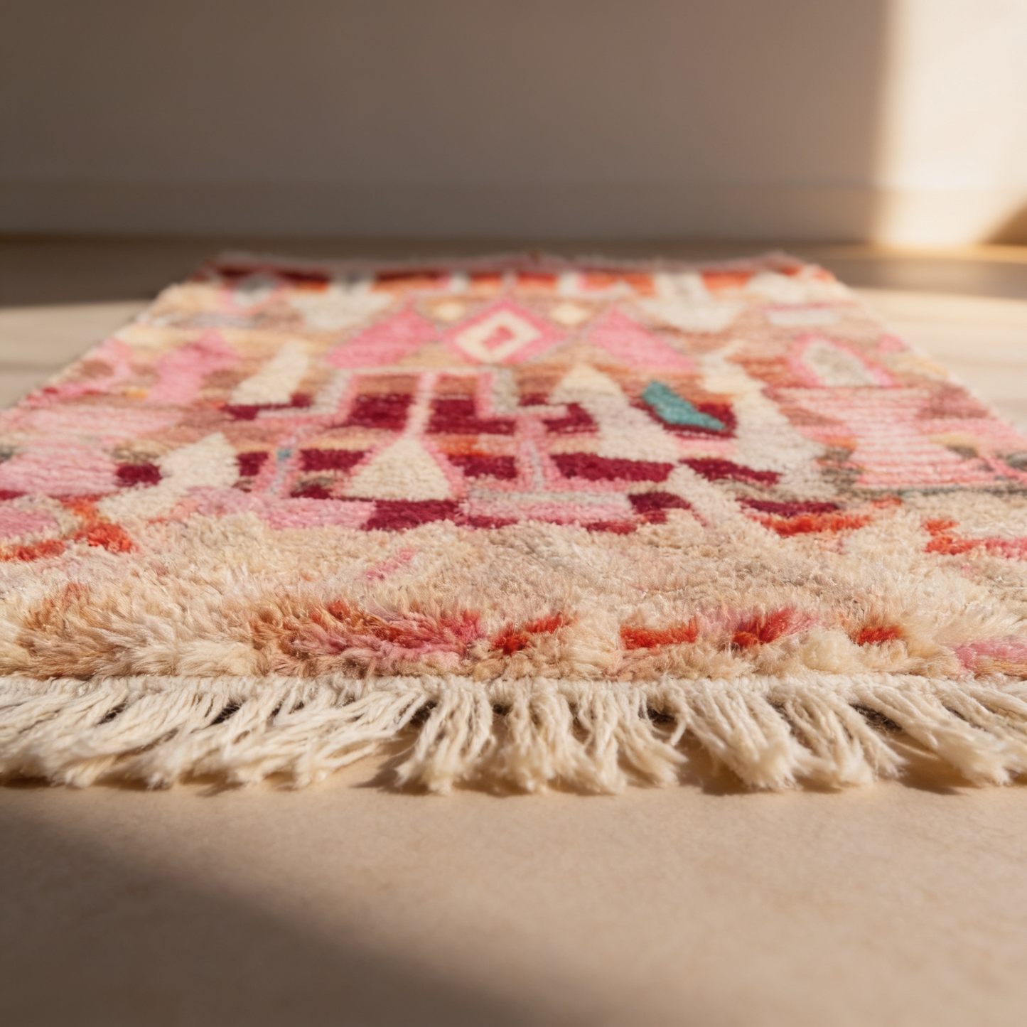 Tapis Berbère Boujad coloré - gros plan sur l'épaisseur du poil