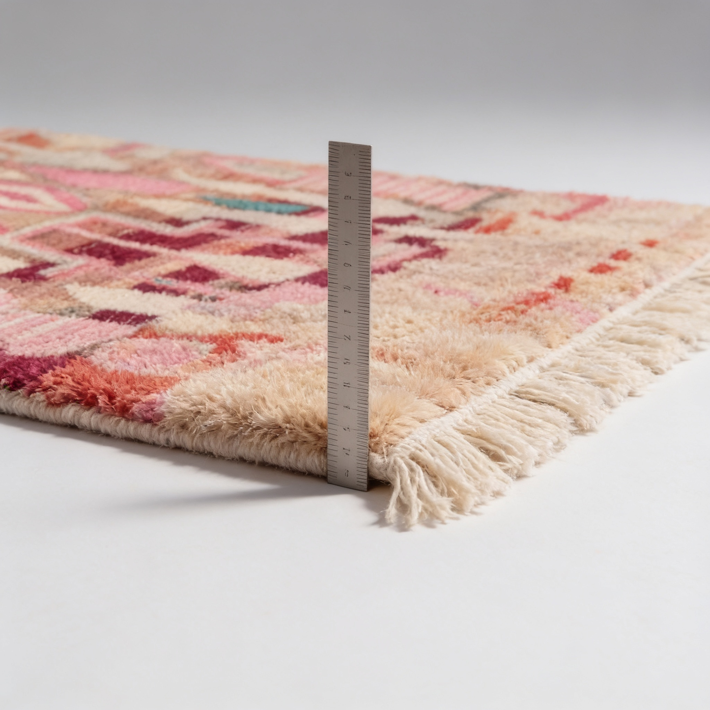 Tapis Berbère Boujad coloré - mesure de l'épaisseur avec une règle graduée