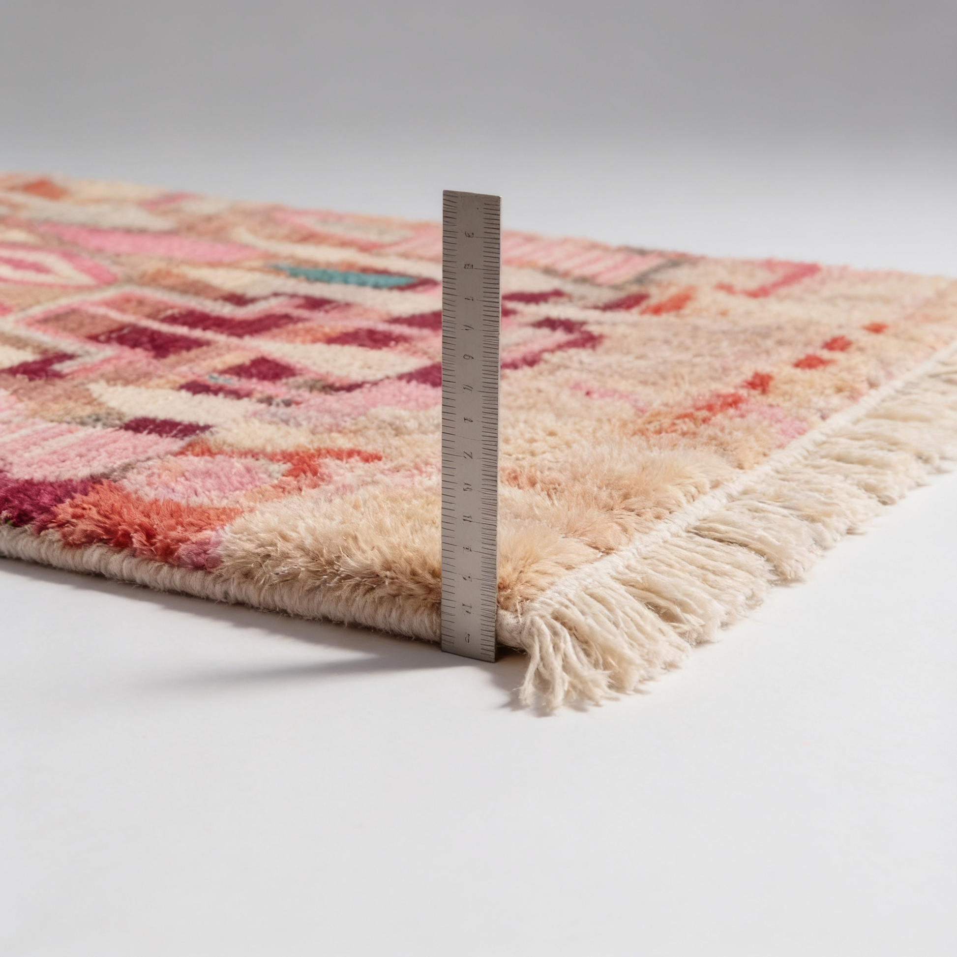 Tapis Berbère Boujad coloré - mesure de l'épaisseur avec une règle graduée