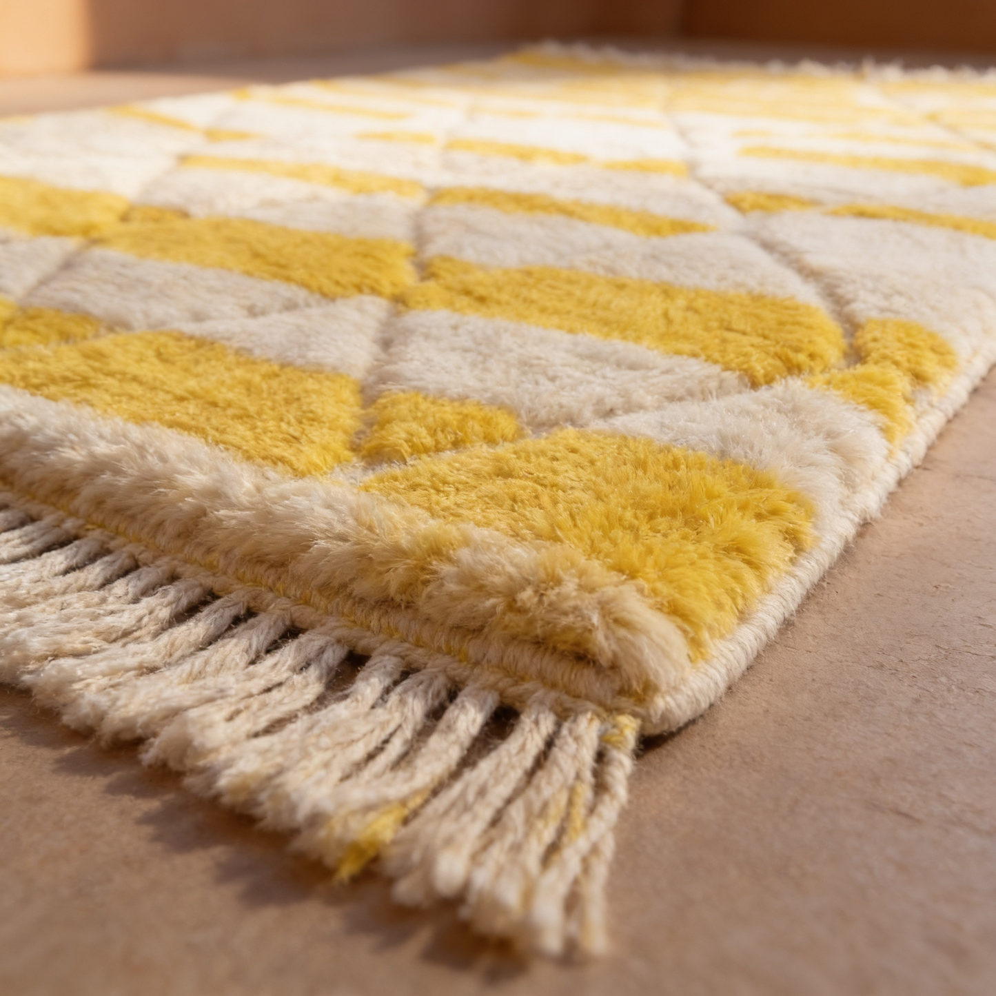 Tapis Berbère Béni Ouarain blanc et jaune - gros plan sur l'épaisseur du poil