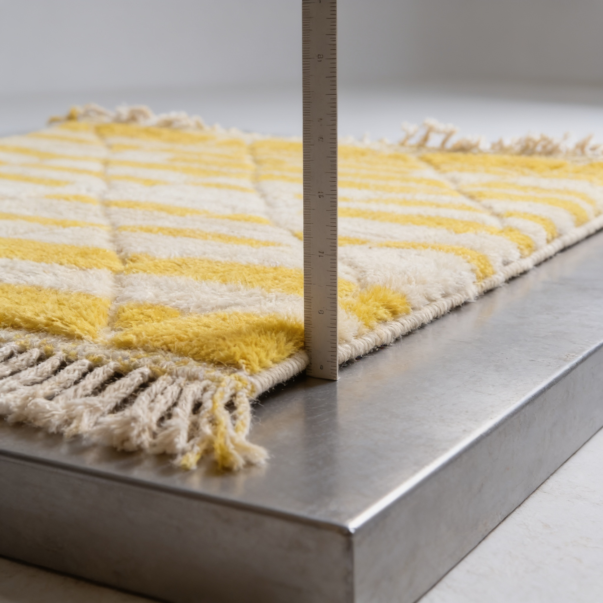 Tapis Berbère Béni Ouarain blanc et jaune - mesure de l'épaisseur avec une règle graduée