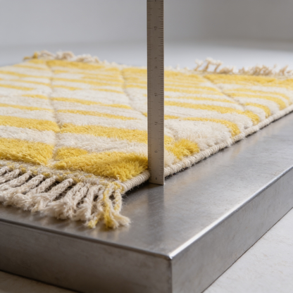 Tapis Berbère Béni Ouarain blanc et jaune - mesure de l'épaisseur avec une règle graduée