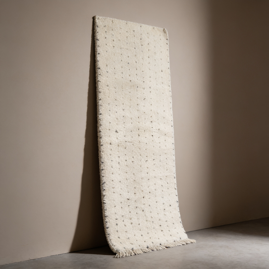 Tapis Berbère couloir Beni Ouarain écru à pois noirs, vue de face sur fond gris studio
