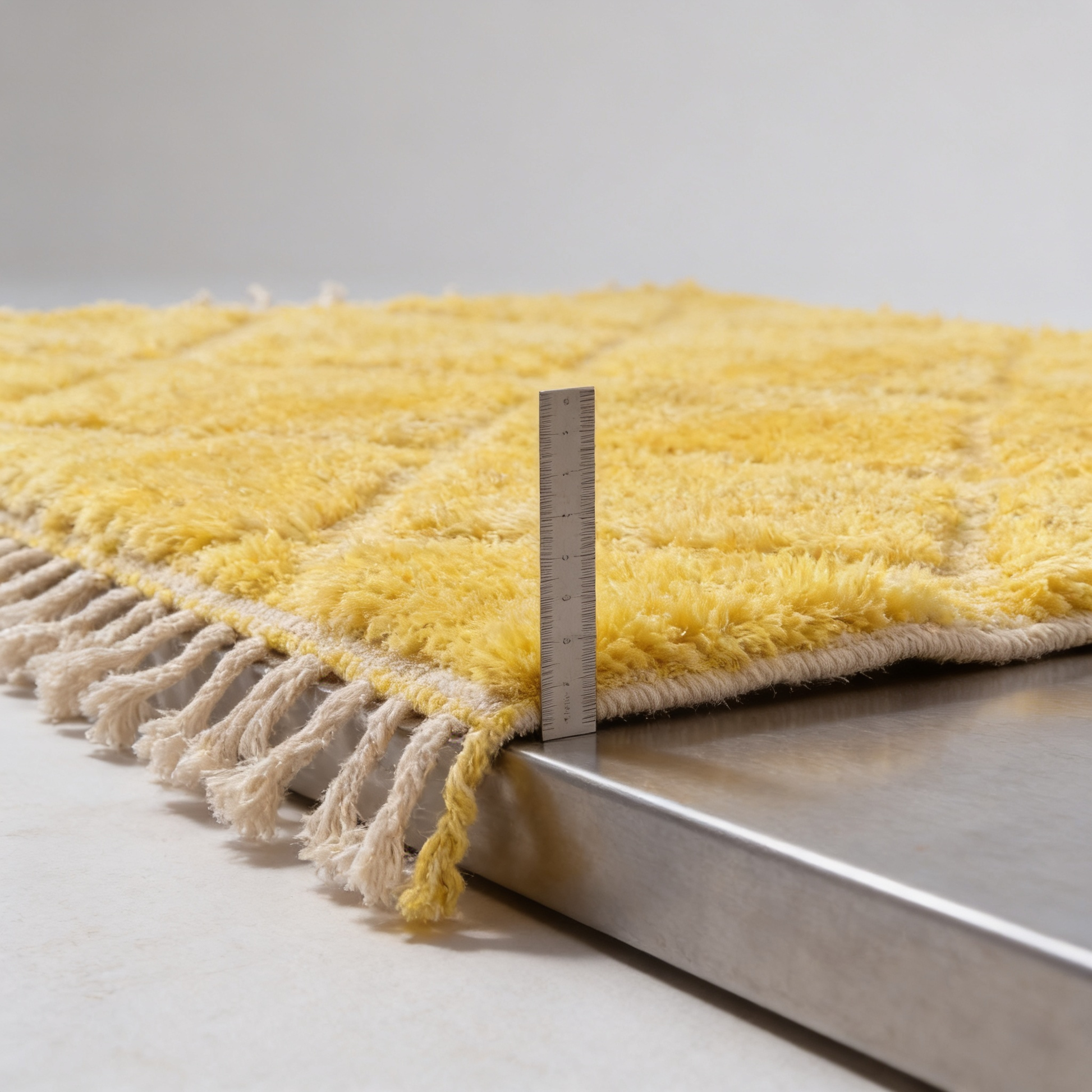 Tapis Berbère Béni Ouarain jaune - mesure de l'épaisseur avec une règle graduée