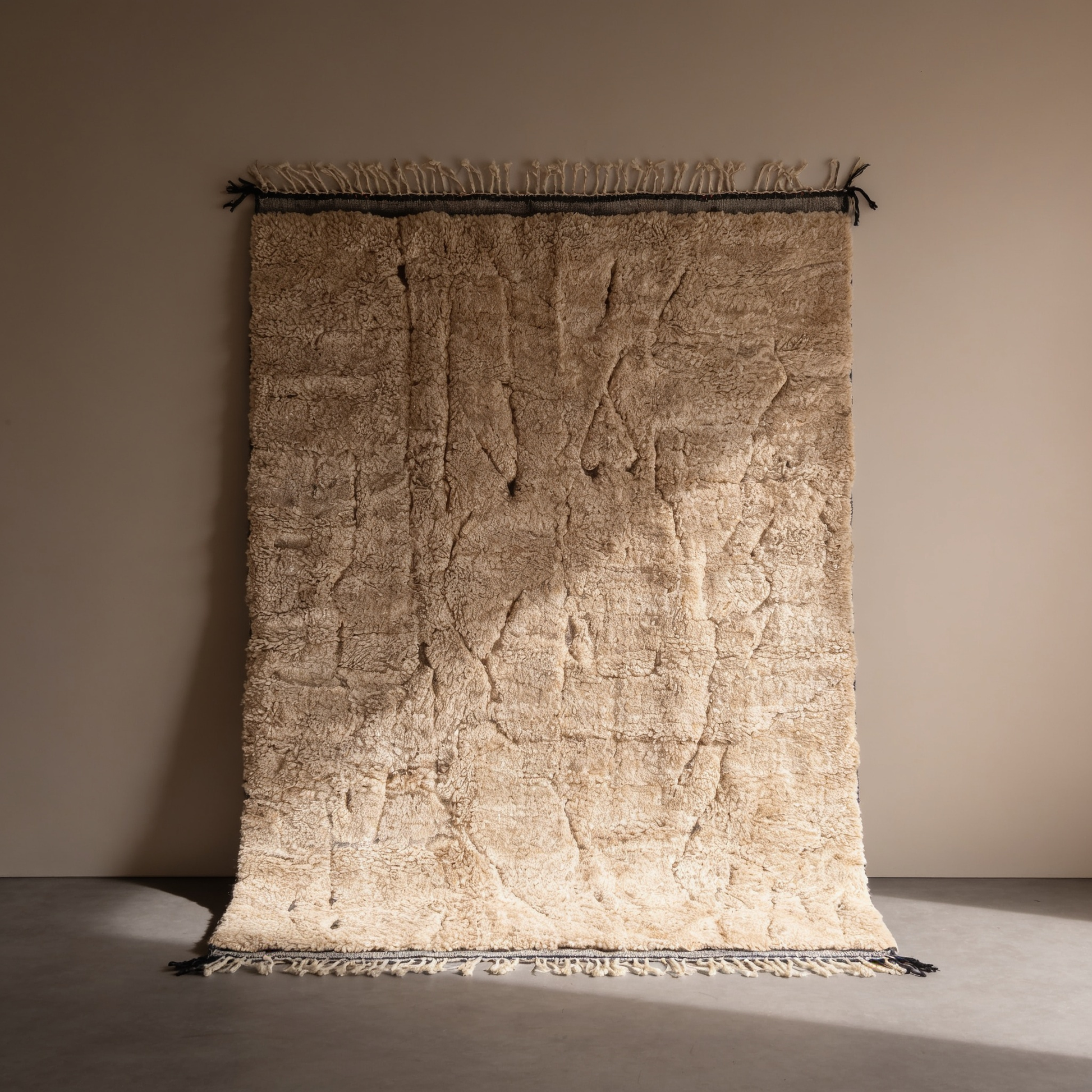 Tapis Berbère Mrirt beige à reliefs ton sur ton, vue de face sur fond gris studio