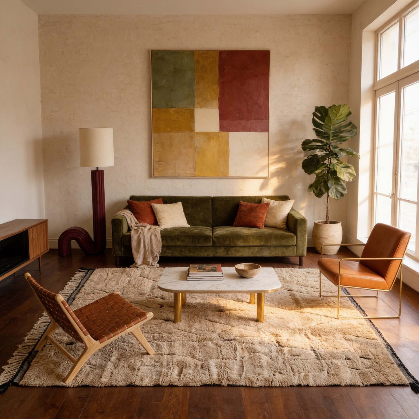Tapis Berbère Mrirt beige à reliefs ton sur ton en situation dans un salon moderne