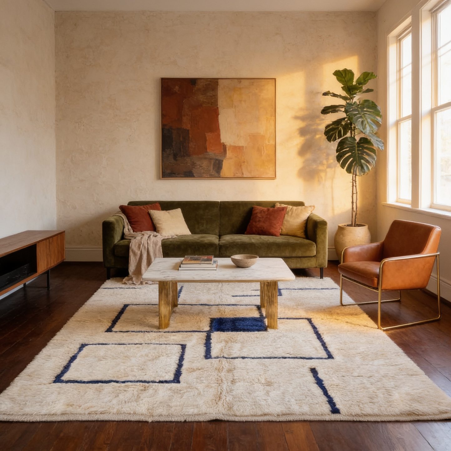 Tapis Berbère Mrirt écru à motifs géométriques bleus en situation dans un salon moderne