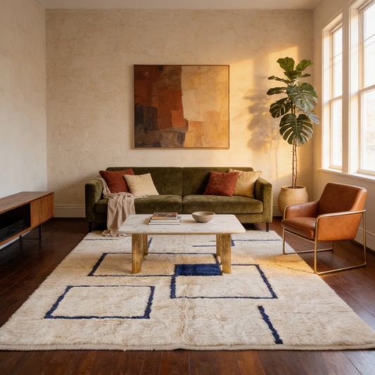 Tapis Berbère Mrirt écru à motifs géométriques bleus en situation dans un salon moderne
