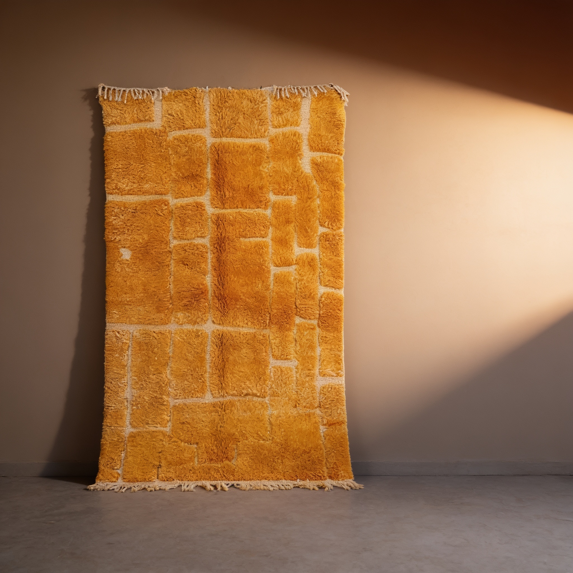 Tapis Berbère Mrirt coloré jaune d'or à losanges, vue de face sur fond gris studio