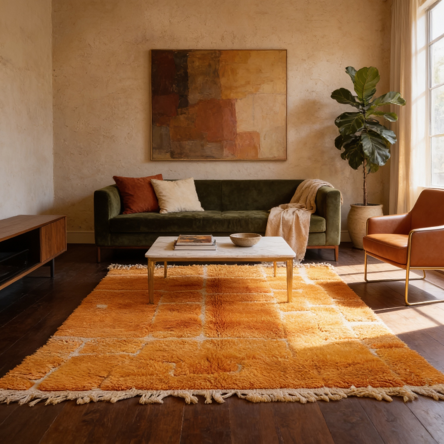 Tapis Berbère Mrirt coloré jaune d'or à losanges en situation dans un salon moderne