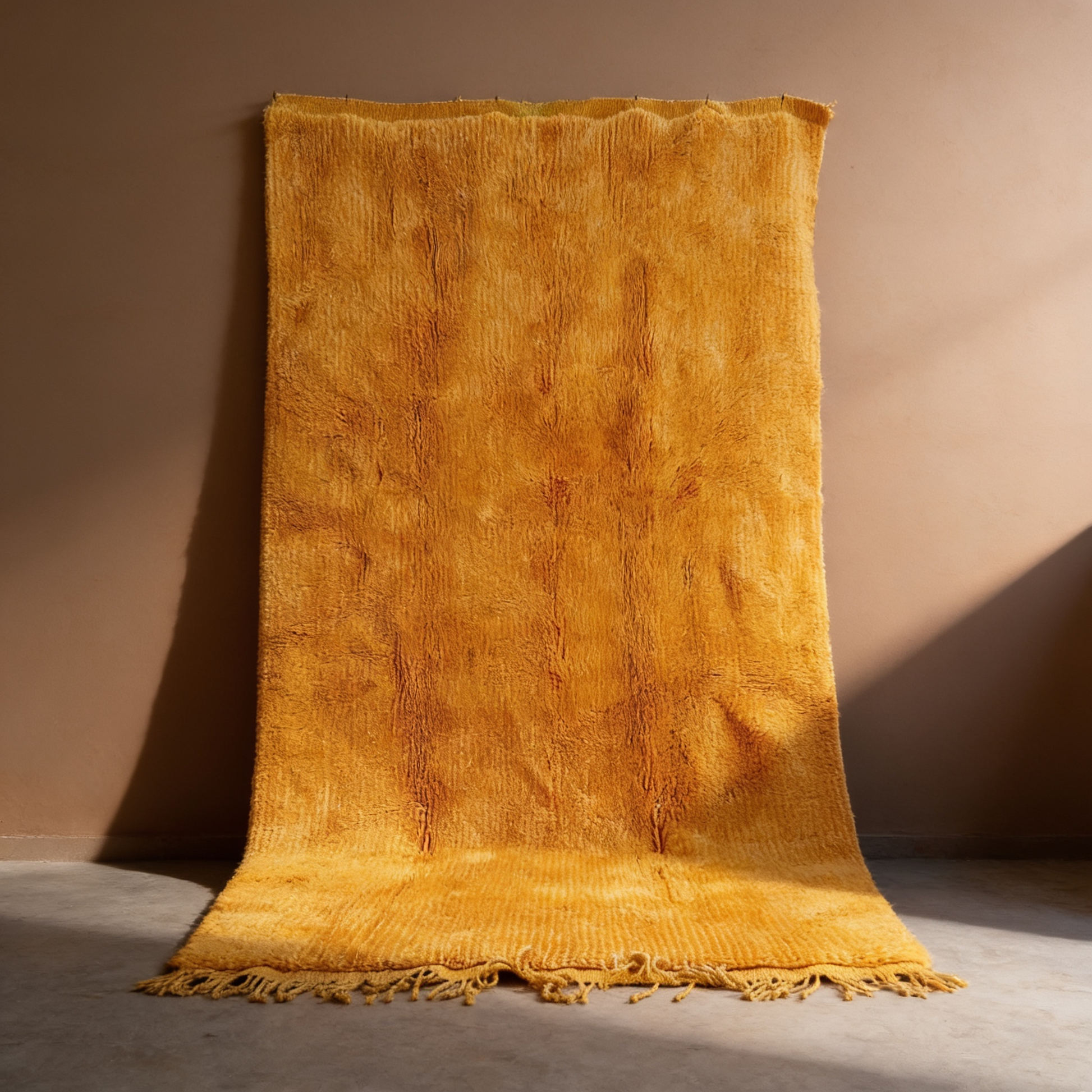Tapis Berbère Mrirt coloré jaune d'or à losanges, vue de face sur fond gris studio