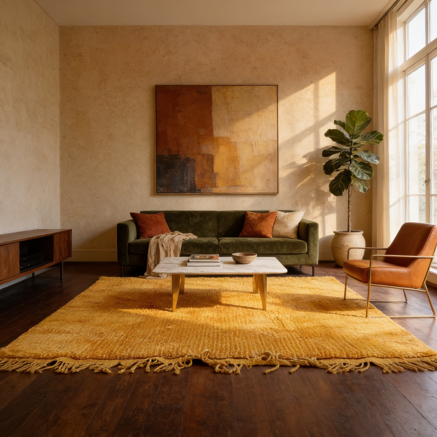 Tapis Berbère Mrirt coloré jaune d'or à losanges en situation dans un salon moderne