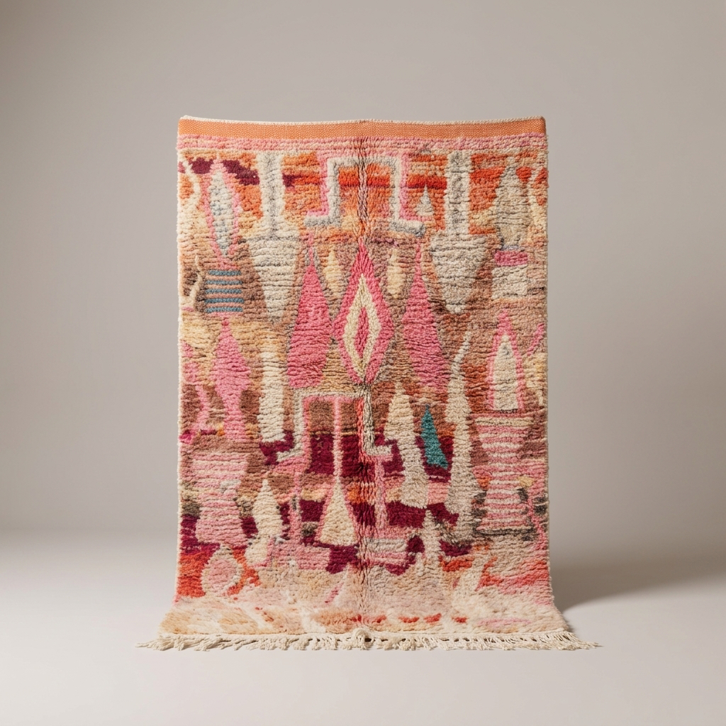 Tapis Berbère Boujad coloré violet rose terracotta et beige, vue de face sur fond gris studio