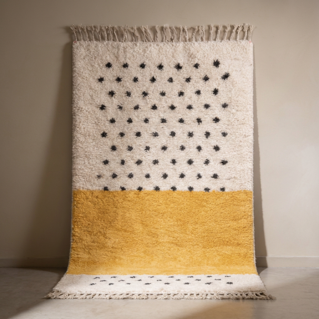 Tapis Berbère Beni Ouarain shaggy noir et blanc, vue de face sur fond gris studio