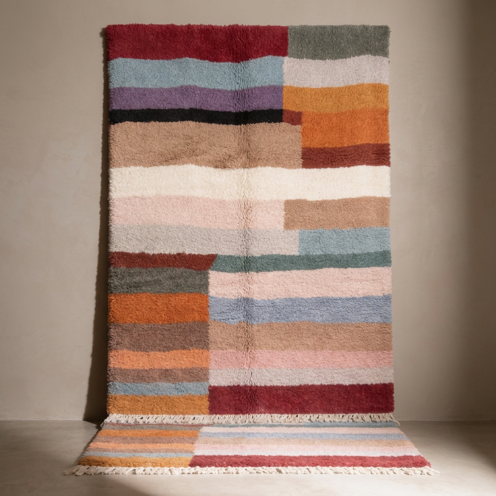 Tapis Berbère Beni Ouarain shaggy multicolore à rayures, vue de face sur fond gris studio
