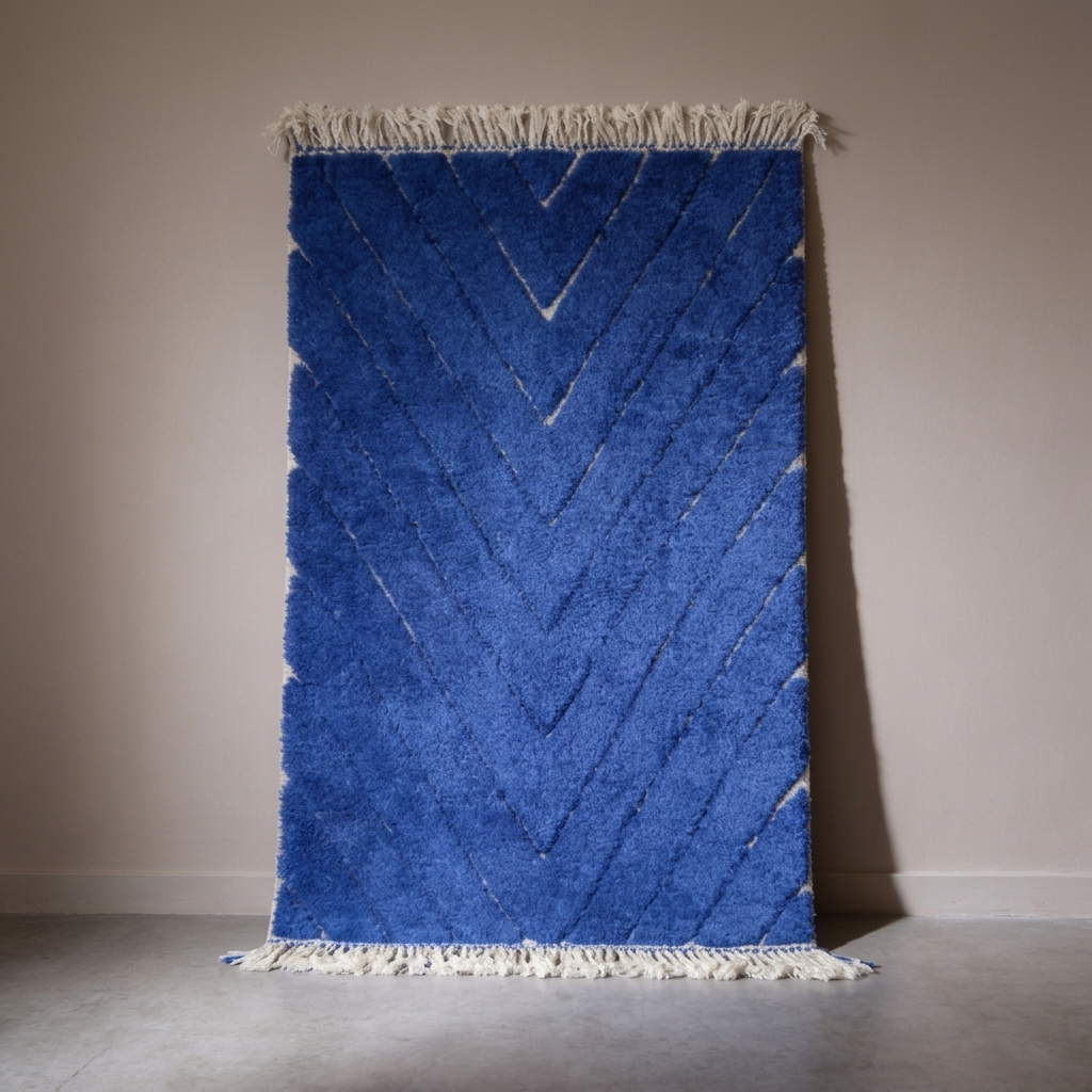 Tapis Berbère Beni Ouarain bleu Majorelle, vue de face sur fond gris studio