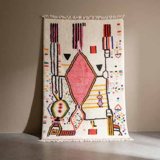 Tapis Berbère Azilal écru à motifs abstraits colorés, vue de face sur fond gris studio