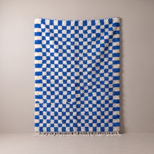 Tapis Berbère Azilal Damier Bleu et Écru