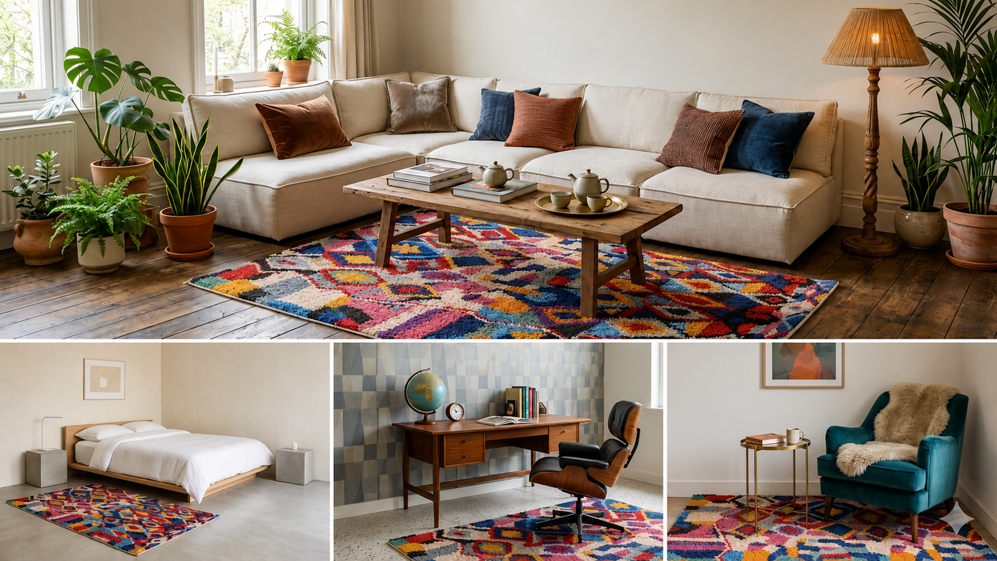 Tapis berbère Boujaad multicolore en ambiance salon, chambre et bureau – Berbère Tapis