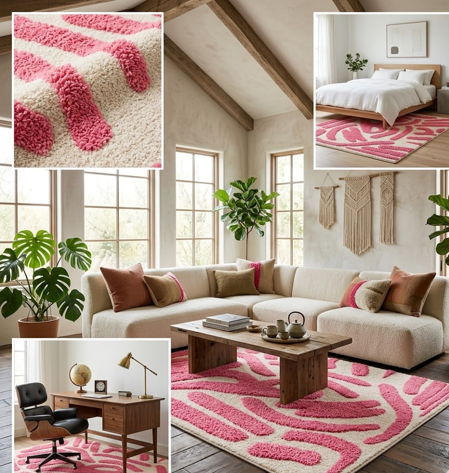 Tapis berbère rose en ambiance salon chambre et bureau – MaisonTifinagh
