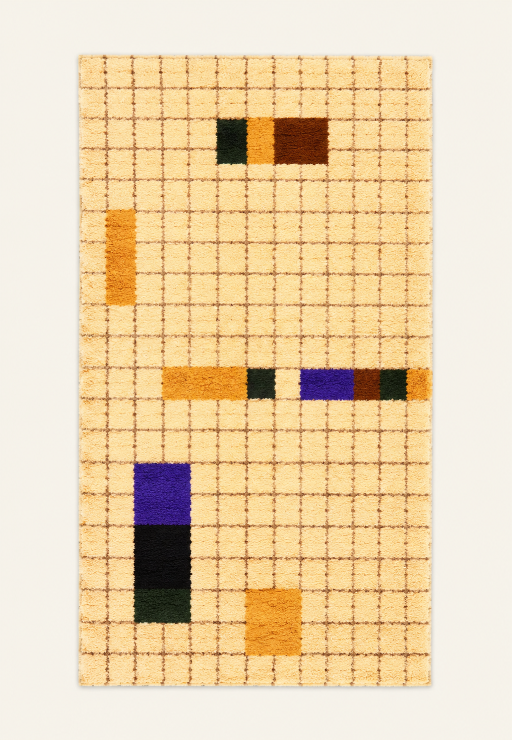 Tapis Gabbeh beige motif grille carreaux blocs colorés vue de face – MaisonTifinagh