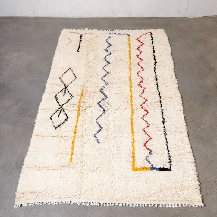 Tapis Azilal Blanc Géométrique Coloré - Tapis Azilal tissé main - artisanat berbère authentique