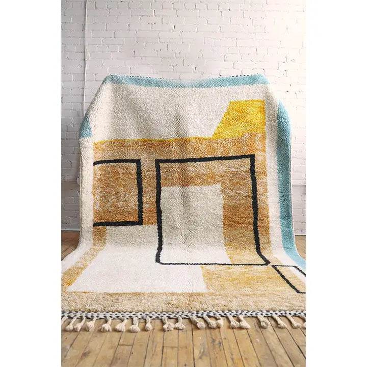 Tapis Beni Ourain Géométrique Moderne Ocre et Blanc - vue principale - tapis berbère fait main au Maroc