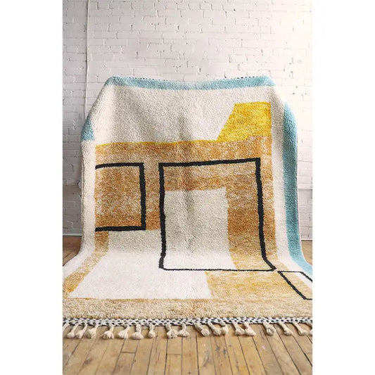 Tapis Beni Ourain Géométrique Moderne Ocre et Blanc - vue principale - tapis berbère fait main au Maroc