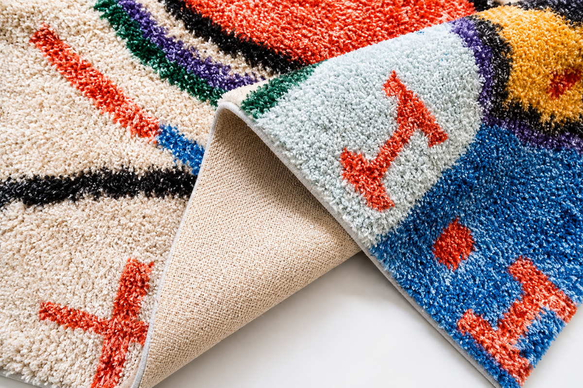 Vue en détail du roulé d'un tapis berbère multicolore montrant la pile shaggy et l'envers tissé beige