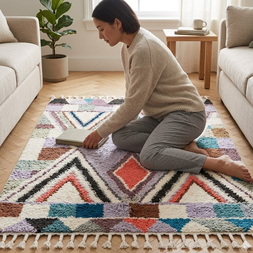 Tapis berbère Azilal | détail texture poils longs shaggy | motifs losanges multicolores | Berbère Tapis