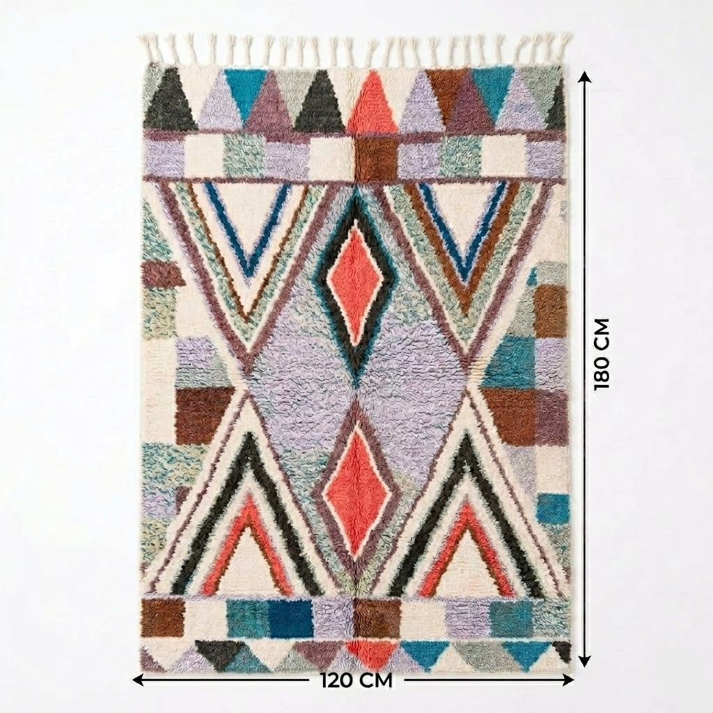 Tapis berbère Azilal 120 x 180 cm | losanges et triangles multicolores | franges coton | Berbère Tapis