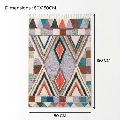 Tapis berbère Azilal à losanges multicolores, dimensions 80 x 150 cm, vue de face – Berbère Tapis