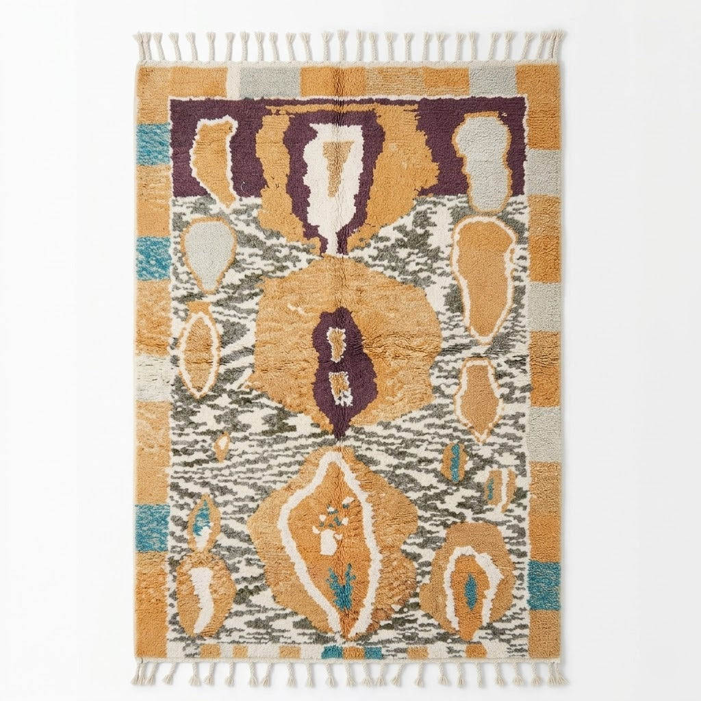  Tapis berbère Azilal motifs tribaux | ocre prune turquoise | franges coton | fond blanc | Berbère Tapis