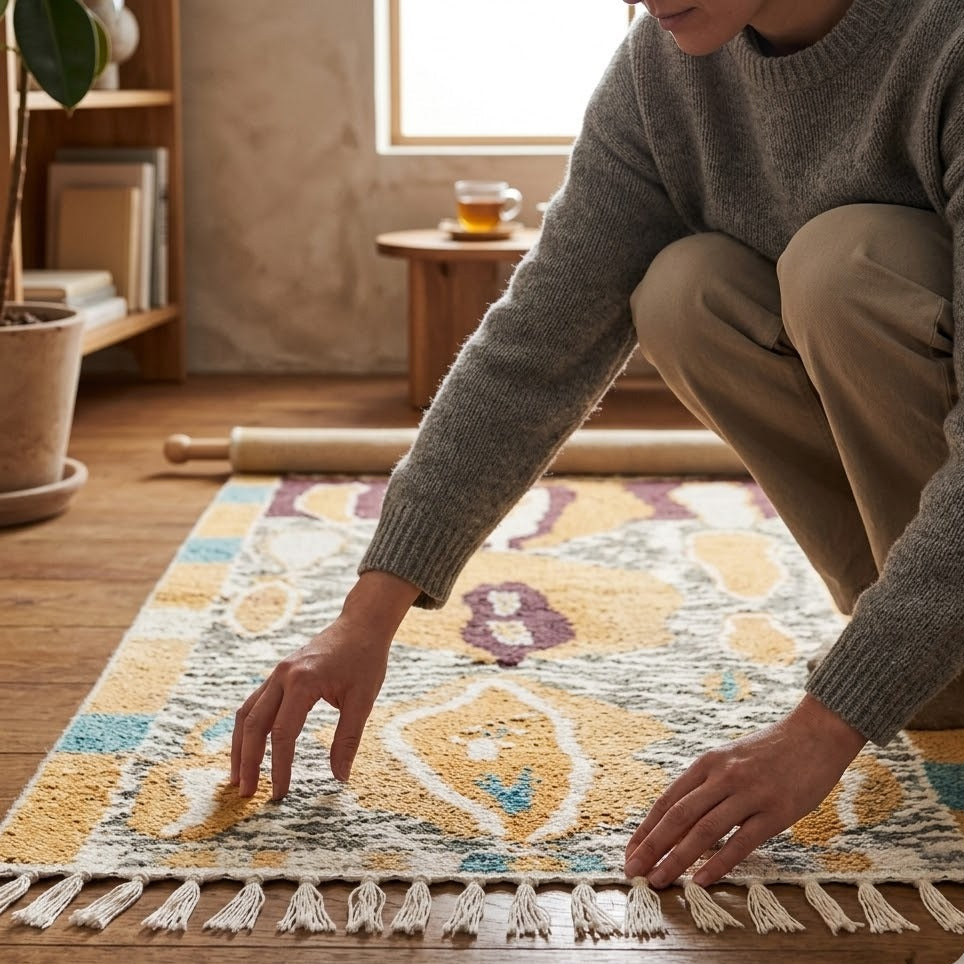 Tapis berbère Azilal | détail texture poils mi-longs | franges coton nouées | Berbère Tapis