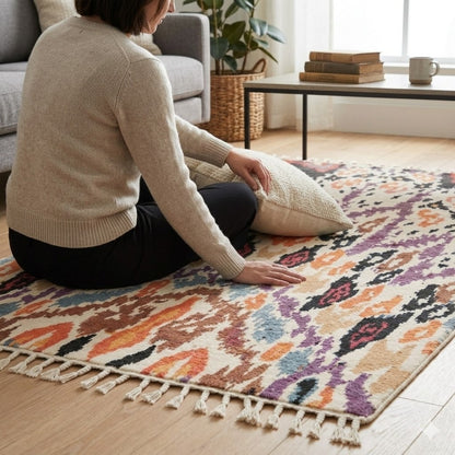 Tapis berbère Boujaad | détail texture poils ras | motifs abstraits multicolores | Berbère Tapis
