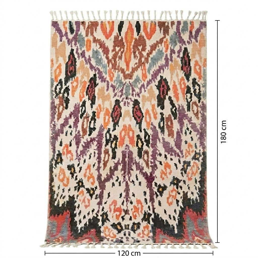Tapis berbère Boujaad 120 x 180 cm, motifs abstraits multicolores, fond blanc crème, franges coton – Berbère Tapis