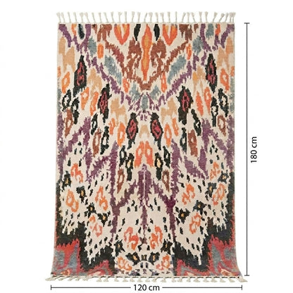 Tapis berbère Boujaad 120 x 180 cm, motifs abstraits multicolores, fond blanc crème, franges coton – Berbère Tapis