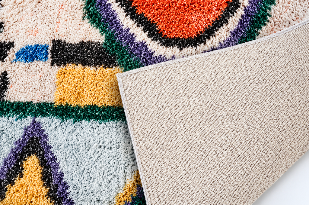 Détail de l'envers tissé plat beige et de la pile dense multicolore d'un tapis berbère style Azilal