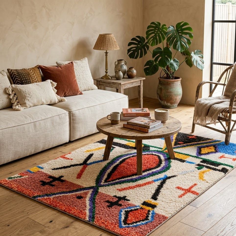 Tapis berbère coloré à motifs géométriques posé dans un salon avec canapé beige et table basse en bois