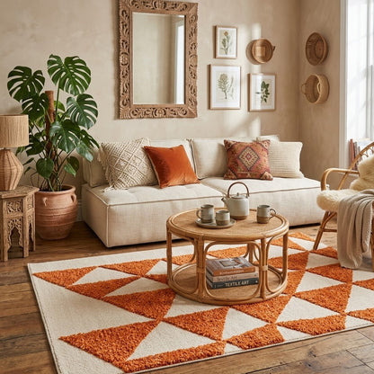 Tapis berbère géométrique orange et ivoire à motifs triangles posé dans un salon style bohème avec canapé beige et table en rotin