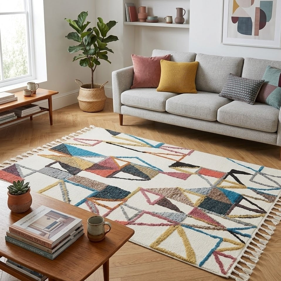  Tapis berbère géométrique | détail texture poils mi-longs | motifs triangles multicolores | Berbère Tapis